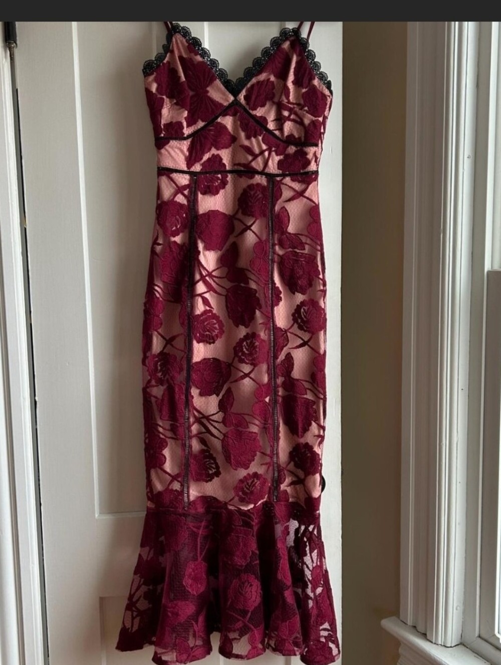 Lulus Alluring Dream Burgundy Floral Mesh Lace Trumpet Midi Dress Red Sz XS